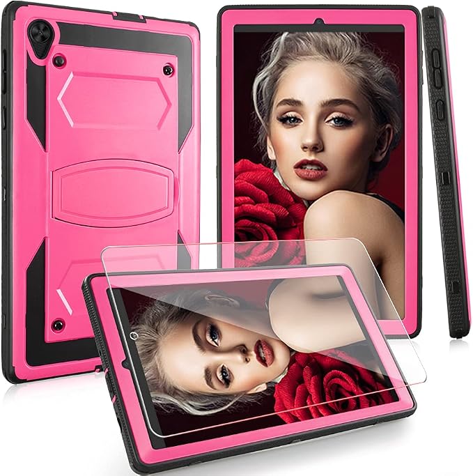 Mignova for Alcatel Joy Tab 2 8 inch 2020 Case Model 9032Z Come with HD Tempered Glass Screen Protector for TCL Tab Model 9048S Tablet Case Built in Stand Shockproof Hard Back Shell Case (Pink+1 Pcs)
