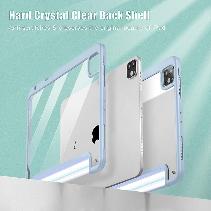 Mektron Case for iPad Pro 11 inch Case M2 2022 Generation 4th Fit 2021 2020 2018 iPad Pro 11 (3rd 2nd &amp 1st Gen) -Buit in Pencil Holder with Shockproof Cover Clear Shell Blue Bows &amp Flower