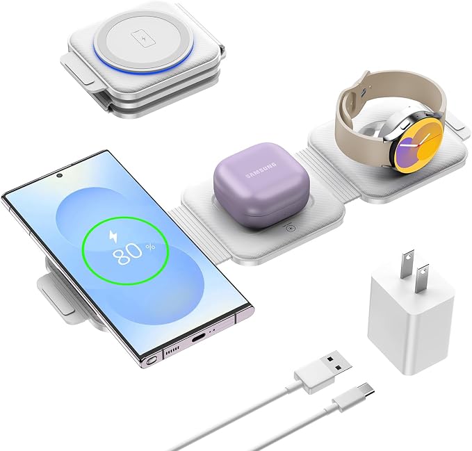 Travel Charger for Samsung Multi Devices Foldable 3 in 1 Wireless Charging Station Fast Charging Stand/Pad Compatible for Samsung Galaxy S26/S25/S24/S23/Note20 GalaxyWatch8/7/6 Galaxy Buds4