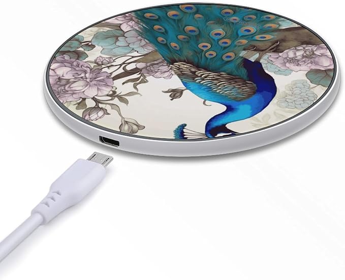 Peacock Floral Wireless Charger Fast Charging Pad | Anti-Slip Qi Certified Wireless Charging Pad for All Phones with Wireless Charging Function for Home Office Travel