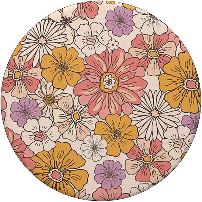 Retro Flowers Meadow Floral Groovy 70s Peach Orange Pink PopSockets Adhesive PopGrip