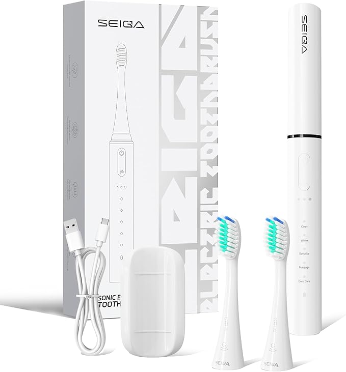 SEIGA Sonic Electric Toothbrush for Adults,5 Cleaning Modes & 3 Intensities,Rechargeable Smart Toothbrush with 2 Brush Heads,Built-in 2 Min Smart Timer,IPX7 Waterproof,One Charge for 60 Days