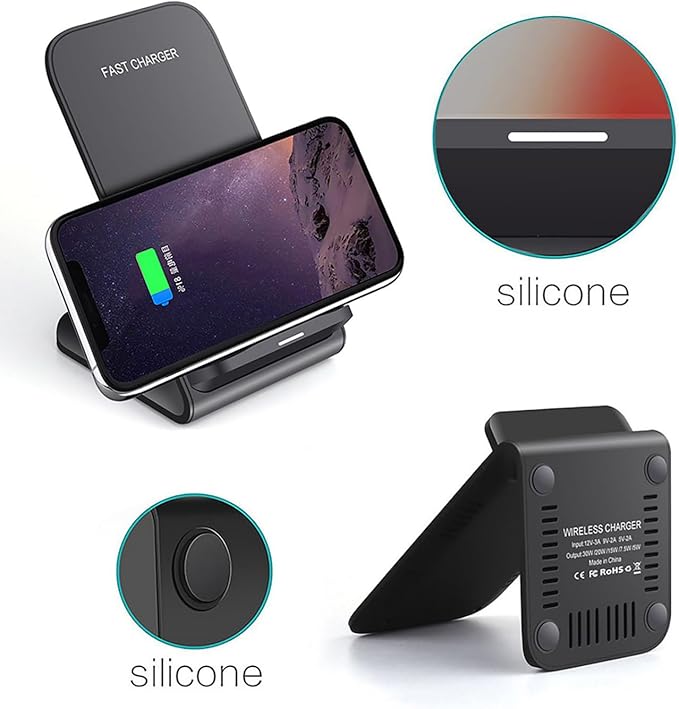 Wireless Charging Stand 20W Fast Charging Stand with QC3.0 Adapter for Samsung Galaxy S24/S24+/S24 Ultra/S23/S22/S21/S20/S10/Note for iPhone 15/15 Pro/15 Pro Max/14/14 Pro Max and More. (1 Pack)
