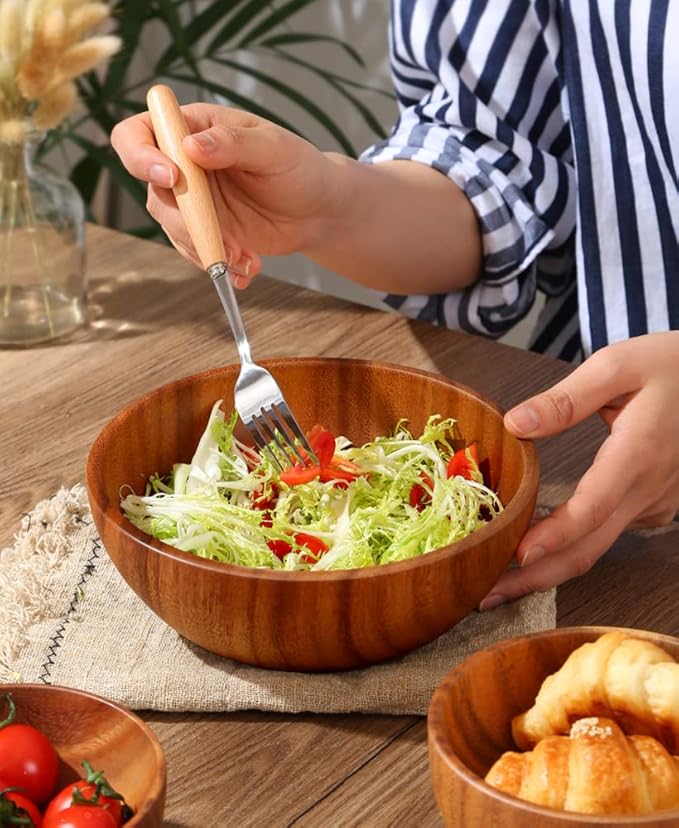 Hand-Crafted From Solid Acacia Wood Salad Bowls 7.1 or 7.9 Inches Set of 2 Individual Large Wood Bowl for Fruits Salads and Decoration Fruit Bowl for Snacks