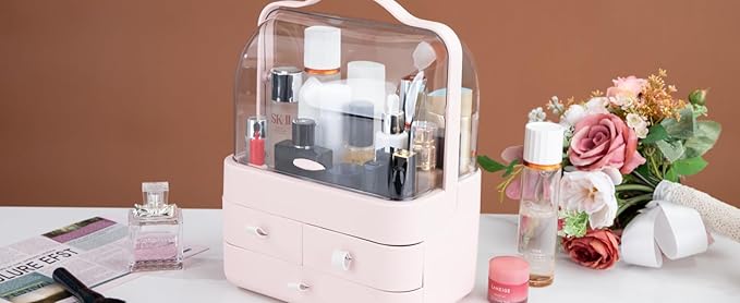 Nervure Pink Makeup Organizer - Cosmetic Storage Box with Lid - Makeup Organizer Storage Drawersr with Dust Free Cover and Portable Handle for Bathroom Countertop & Dresser & Gift