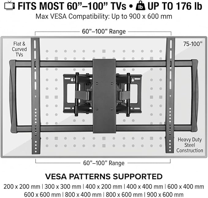HumanCentric Heavy Duty Full Motion TV Wall Mount for 75-100" TVs, 176lb Capacity, 15° Tilt, 45° Swivel, 24" Extension, Max VESA 900x600mm, Flat or Curved, for Wood or Concrete, Hardware Included
