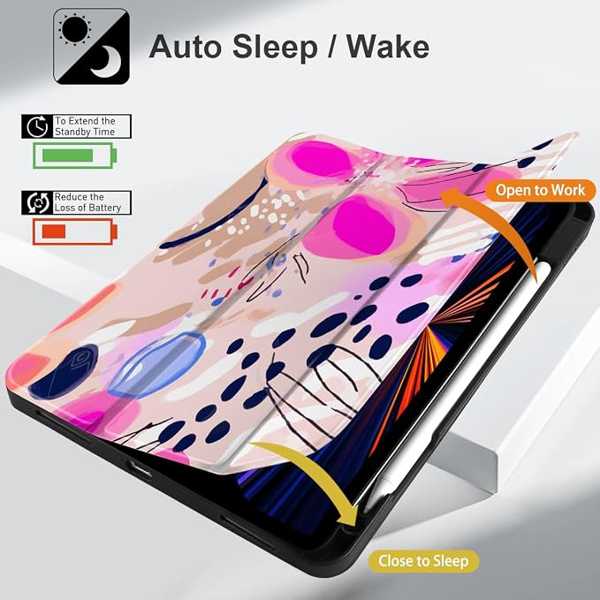 DONGKE Case for 2022/2021/2020/2018 iPad Pro 11 inch Gen 4/3/2/1 - Slim Protective Case - Built in Pencil Holder Support Charging - Trifold Stand &amp Sleep/Wake Cover - Floral Artistic