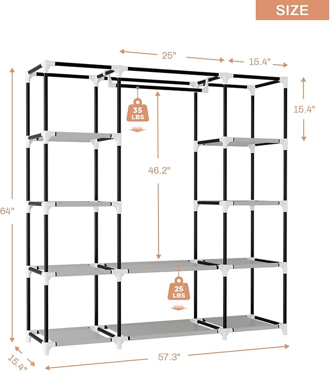 VTRIN Portable Closet Wardrobe for Hanging Clothes 57.3 Inch Large Capacity Clothes Rack with Cover, 10 Storage Organizer Shelves, 1 Hanging Rods and 6 Pockets, Free Standing Closet for Bedroom, Black