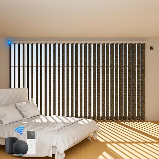 Blindify Motorized Vertical Blinds Compatible with Alexa Google Home, Blackout Sliding Door Shades Smart Vertical Blinds Remote Control Customize, Light Coffee