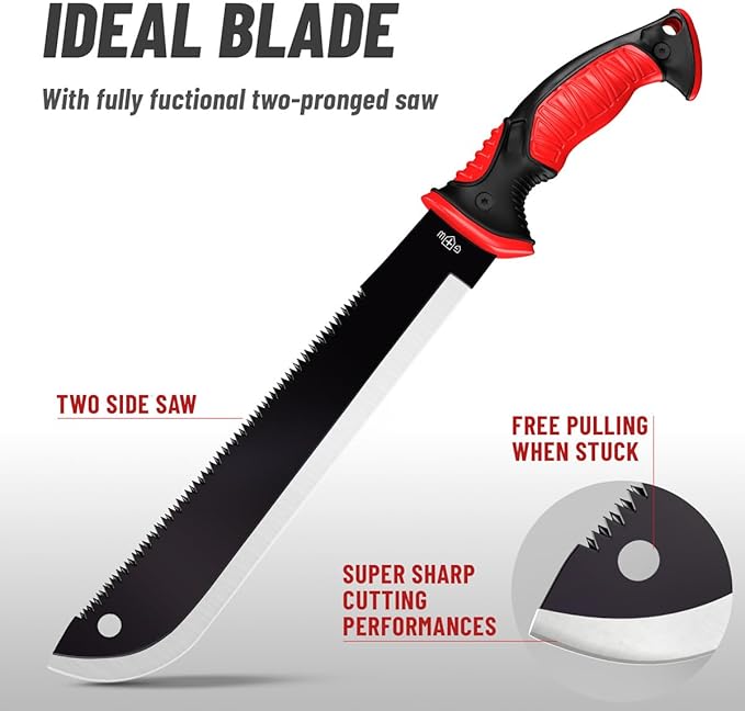 Machete with Saw 25" / 19" Heavy Duty Tool & Sheath - Ergonomic No-Slip Handle - Survival Knife with Serrated Blade - Machetes for Bushcraft Hunting Garden Cutting Trees and Yard Work