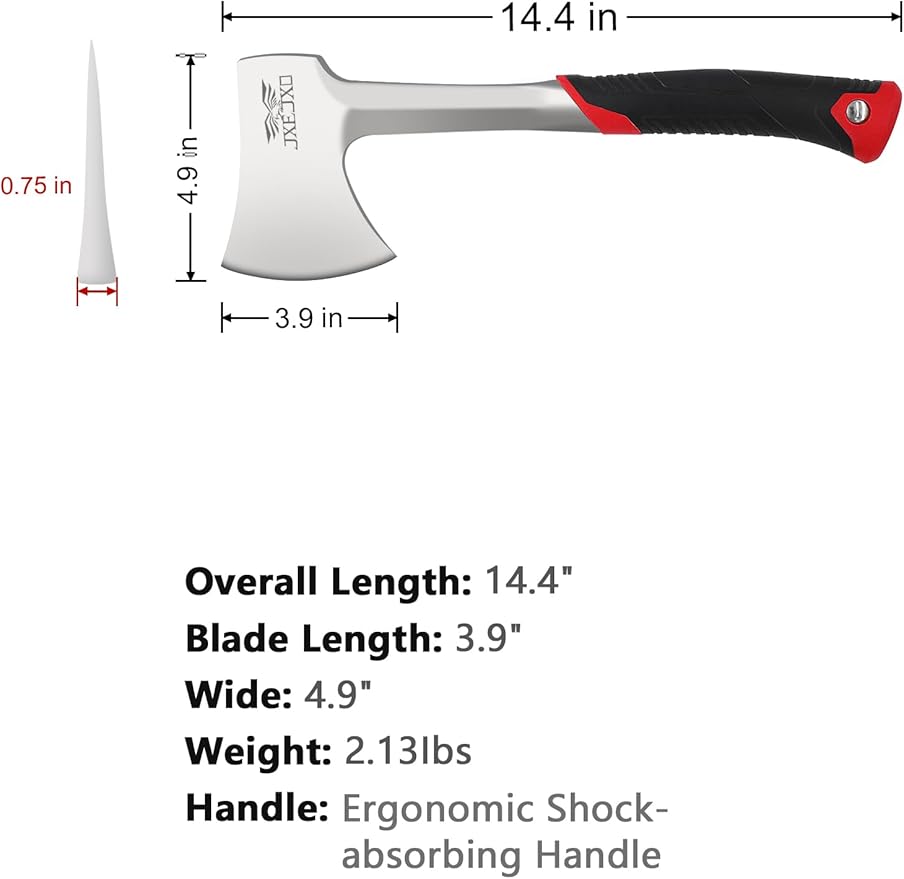 JXE JXO 14.4" Camping Hatchet with Full Tang Forged Construction & Ergonomic Shock Absorbing Grip, Hatchet Axe with Nylon Sheath (Red