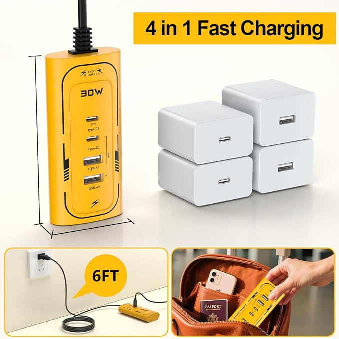 USB C Wall Charger 30W 4Ports Phone Fast Charger Block (2 USB A Port +2 USB C Ports) Cellphone Cube Adapter Compatible iPhone13/14/15/16/17 Pro/Pro Max/iPad Airpods iwatch Samsung Galaxy