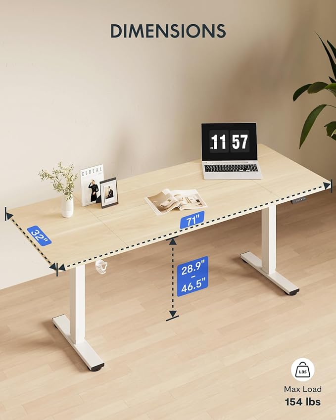 FLEXISPOT 71x32 Inch Electric Large Standing Desk for Home & Office, Spacious Splice Board Desk with Cable Management & Organizer, Cup Holder & Hook, White Wood Grain