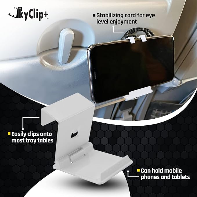 The SkyClip+ Phone &amp Tablet Holder for Air Travel Home and Office Use - Inflight Phone Mount &amp Stand Compatible with iPhone Android Kindle and Tablets - Ultimate Travel Accessory (Black)
