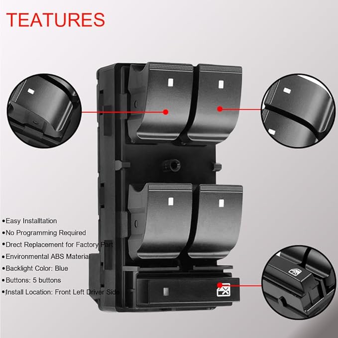 Power Window Master Control Switch Front Left Driver Side fit for 2007-2013 Chevy Silverado GMC Sierra 1500 2500HD 3500HD Traverse HHR Buick Enclave Replaces OE 25789692, 20945129, 25951963, 20945224