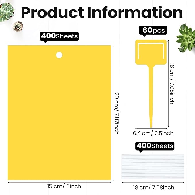 Qualirey 400 Pcs 6 x 8 Inch Sticky Traps for Gnats Dual Sided Fruit Fly Sticky Traps for Indoor and Outdoor Plant with Twist Ties and Plastic Holders for Flying Plant Insect, Fungus Gnats (Yellow)
