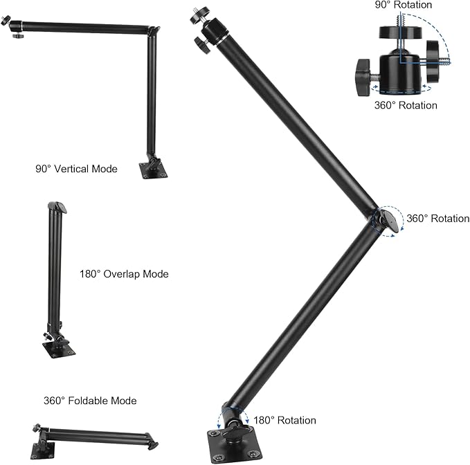 Mippko Articulating Camera Wall Mount with 1/4"-20 Threaded Compatible with DSLR/Security/Webcam/Action/LED Light/CCTV POV Camcorder Cameras,Adjustable Aluminium Alloy Arm Metal Base
