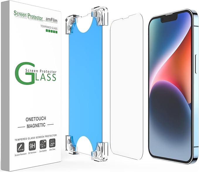 amFilm 2 Pack Magnetic OneTouch Compatible with iPhone 13 Pro Max 6.7/ iPhone 14 Plus 6.7 Screen Protector Tempered Glass Full Coverage with Easy Installation Kit (Magnetic &amp Reusable)