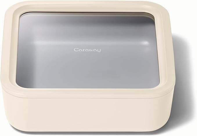 Caraway Glass Food Storage - 10 Cup Glass Container - Ceramic Coated Food Container - Non Stick Lunch Box with Lids - Dishwasher, Oven, & Microwave Safe - Square Shape - Cream