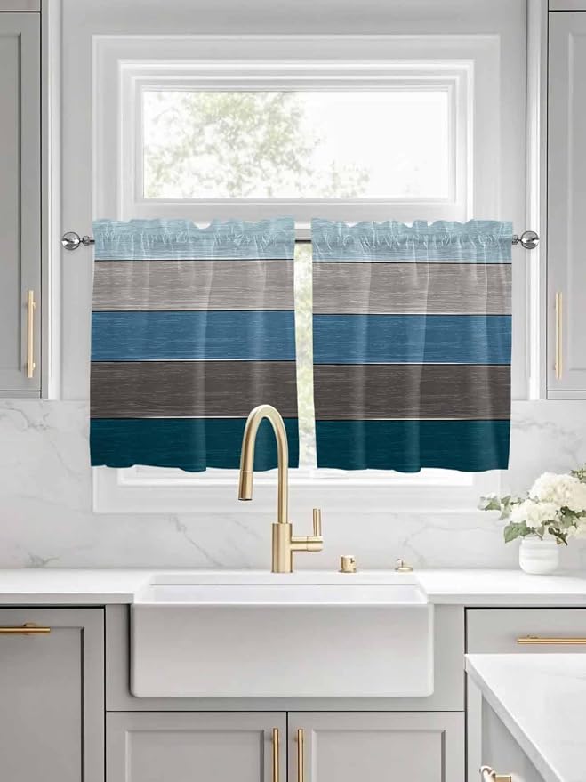 Retro Farm Blue Gray Wood Grain Window Valance Curtains, Rustic Wooden Plank