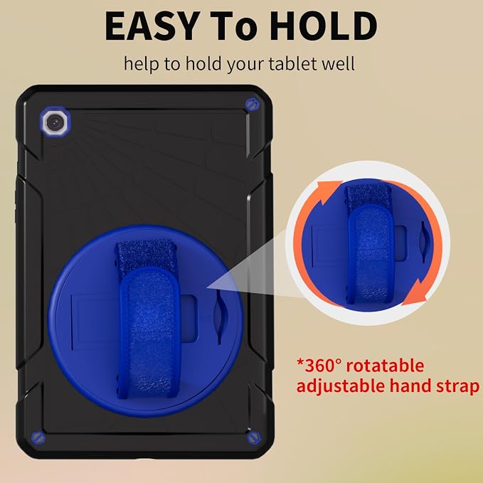 Case for Samsung Galaxy Tab A8 10.5'' Sturdy Heavy Duty Full-Body Shockproof Protective Case 360° Rotating Stand Hand/Shoulder Strap (Black+Blue)