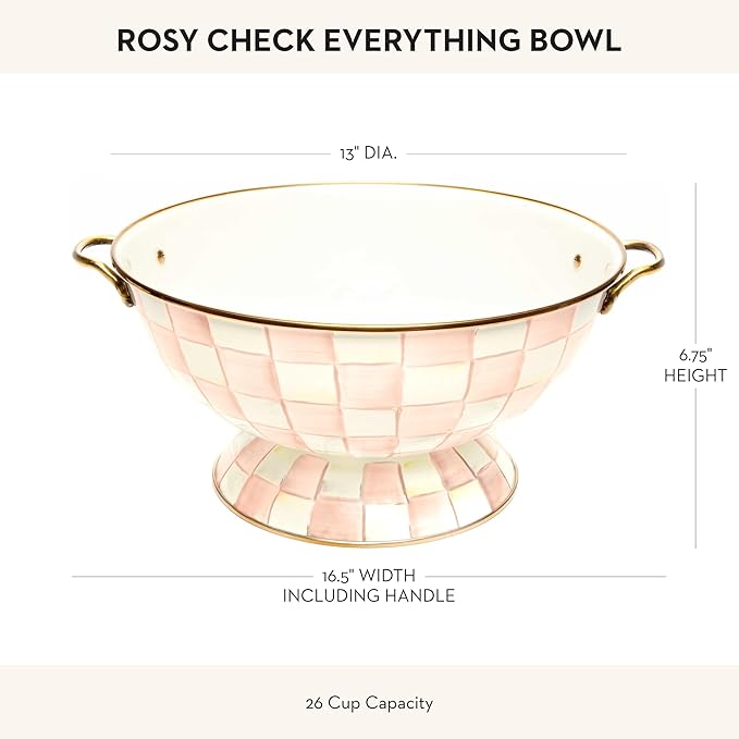 MACKENZIE-CHILDS Checkered Enamel Serving Bowl for Entertaining, Everything Bowl, Rosy Check