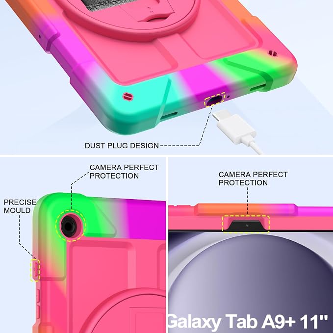 BMOUO for Samsung Galaxy Tab A9+ Plus Case 11 2023 (SM-X210/X216/X218) Shockproof Galaxy Tab A9 Plus Case with Rotating Stand and Hand/Shoulder Strap Black