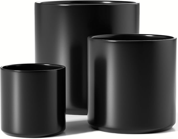 LE TAUCI Ceramic Pots for Plants, 10+8+6 Inch Indoor Plant Pots, Modern Planters for Indoor Plants Home Office, Cylinder Planters with Drainage Hole and Plug, Set of 3, Black