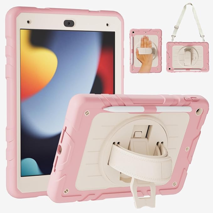 Case for iPad 9th/8th/7th Generation10.2 Shockproof 360 Rotating Stand Shoulder Hand Strap with Pencil Holder for iPad 10.2 inch 2021/2020/2019 Case (Black)