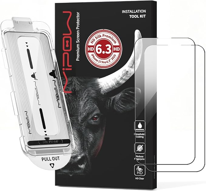 MIPOW KINGBULL cable for iPhone 17 Pro Screen Protector [Quick-Installation Box] 2-Pack 9H+ Hardness Shatterproof Tempered Glass [99.99% HD Clear] [Case Friendly] [Bubble Free] for iPhone 17 Pro 6.3