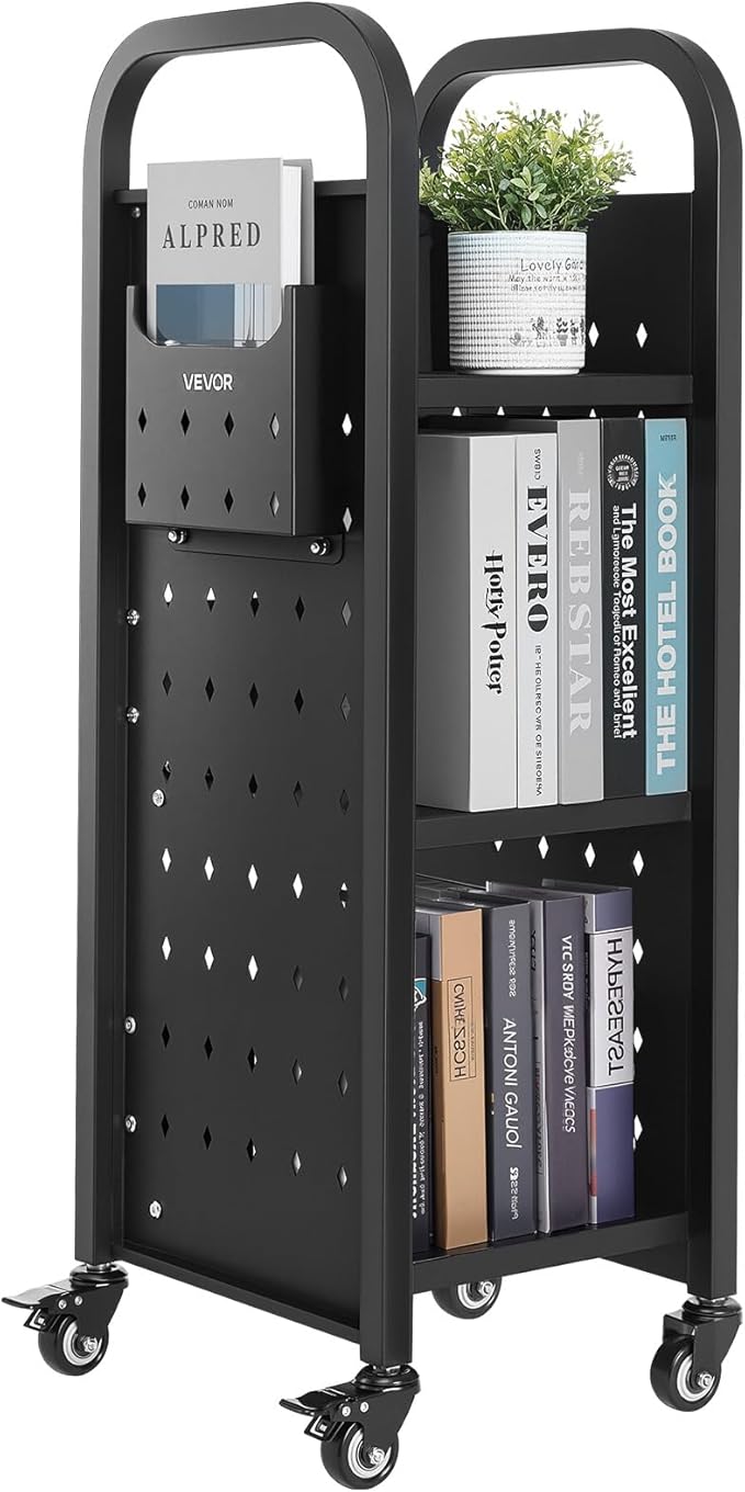 VEVOR Rolling Library Book Cart, 220 lbs Capacity, 12.6 x 13.8 x 36.8-Inch Library Cart, Single Sided L-Shaped Shelves with 2-Inch Lockable Wheels, Book Truck for Home Shelves Office and School, Black