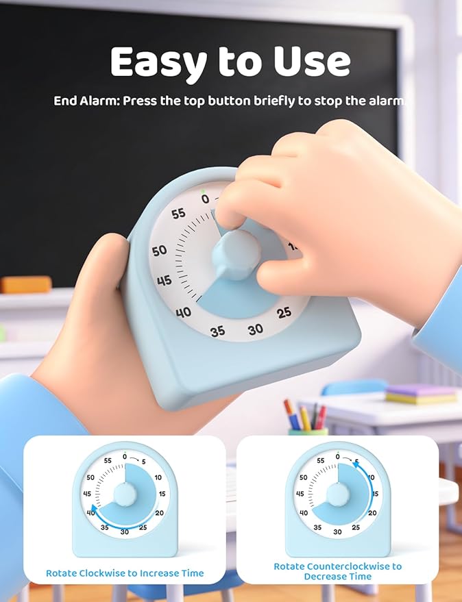 LIORQUE Visual Timer for Kids with Pause Function,Timer for Kids and Adults, Protective Case, Silent Time Management Tool, 60-Minute Countdown for Classroom, Office, Meetings, Study, Kitchen(Blue)