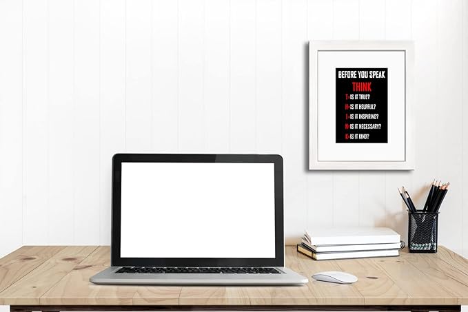 Wieco Art Think Quotes Wall Art Inspirational Canvas Print Motivation Classroom Decor With White Picture Frame and Real Glass Made to Display 5x7" with Mat or 8x10" Without Mat for Home Office Wall Decoration
