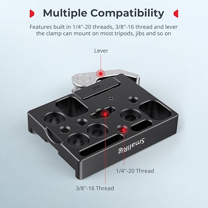 SmallRig Quick Release Mount Plate for Arca-Type, Baseplate Clamp with 1/4''-20 Threaded, 3/8''-16 Threaded and Lever - 2143B