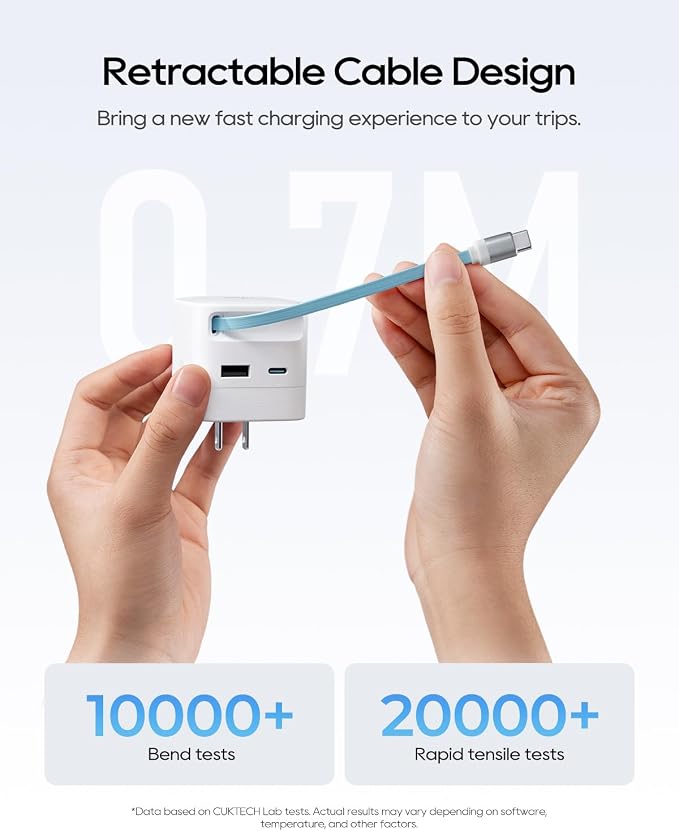 CUKTECH CP6 65W GaN USB C Charger with Built-in Retractable Cable (2.3ft) 2-Port Fast Charging Wall Power Adapter for iPhone 17/16/15 Galaxy S26/S25/S24 Pixel 10/9 MacBook Pro/Air iPad AirPods