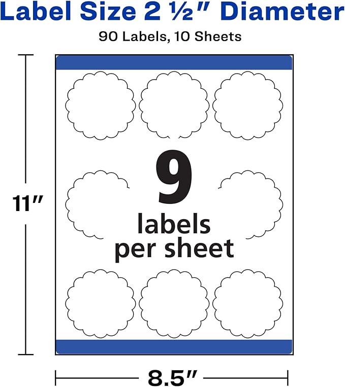 Avery Scallop 2.5 Inch Round Labels with Sure Feed for Laser & Inkjet Printers, 90 White Labels (8218)