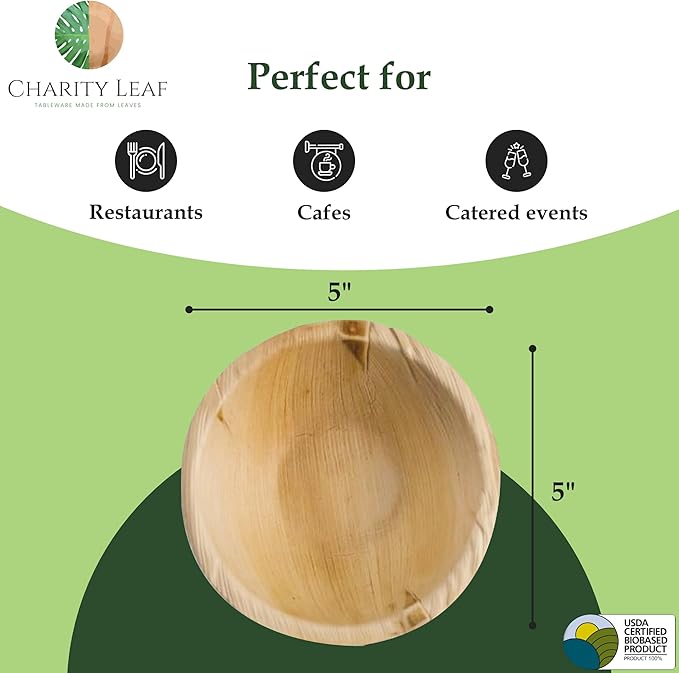 Charity Leaf Disposable Palm Leaf 5" Round Bowl (50 pcs) Dipping Bowls | Bamboo Like| All Natural and Biodegradable | Charcuterie Boards, BBQs, and Parties