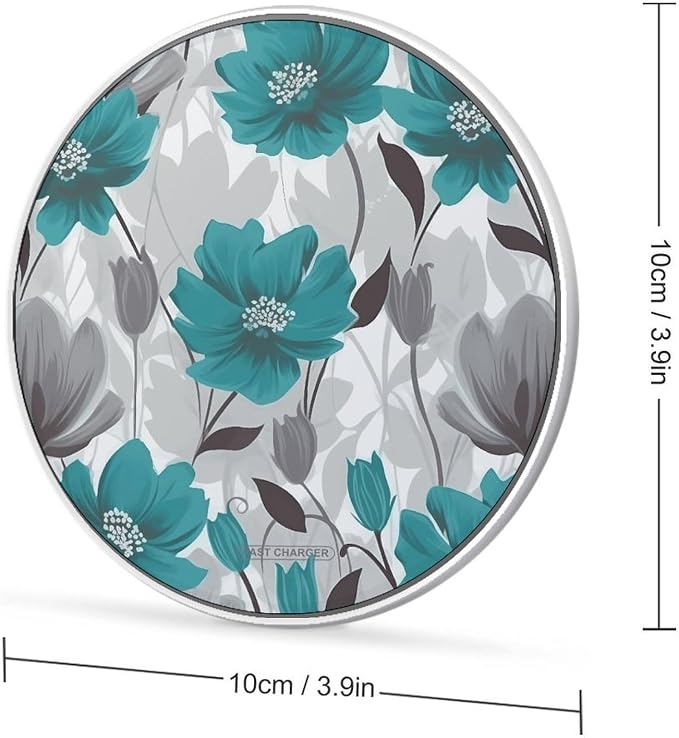 Teal Grey and White Floral1 Wireless Charger Aluminum Alloy Frame 10W Fast Charging Pad with Indicator Light 6mm Thin &amp Portable Wireless Charging Pad for Travel Home Office Desk