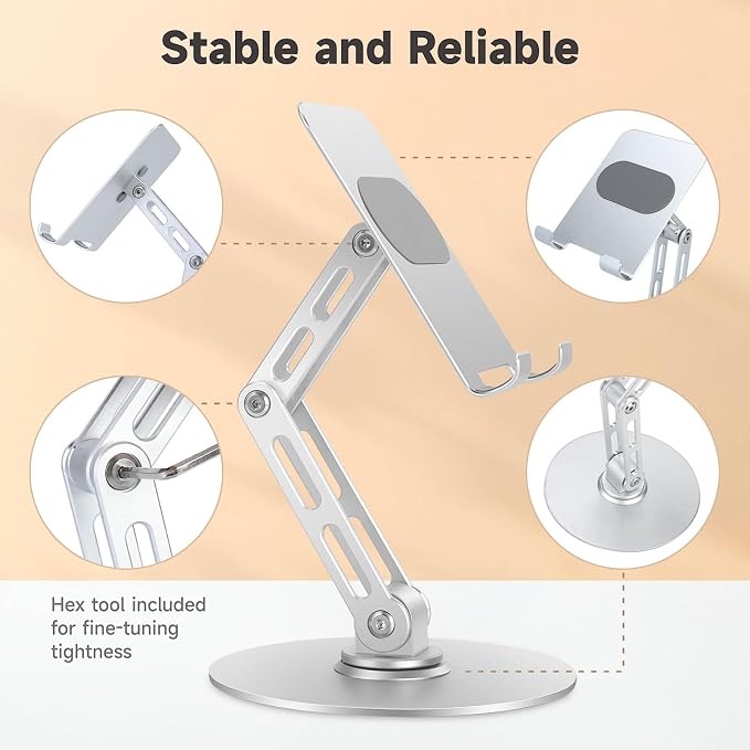 Adjustable Aluminum Phone Stand for Desk Phone Holder for iPhone &amp iPad | Weighted Metal Base for Stable Typing Adjustable Height &amp 360° Rotation for Comfortable Desk Use