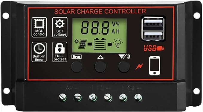 Solar Charge Controller, Solar Panel Charge Controller Intelligent Regulator with Dual USB Port 12V/24V, Auto Paremeter Adjustable LCD Display PWM（Black, 30A）