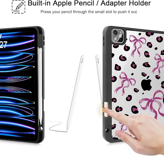 Mektron Case for iPad Pro 11 inch Case M2 2022 Generation 4th Fit 2021 2020 2018 iPad Pro 11 (3rd 2nd &amp 1st Gen) -Buit in Pencil Holder with Shockproof Cover Clear Shell Blue Bows &amp Flower