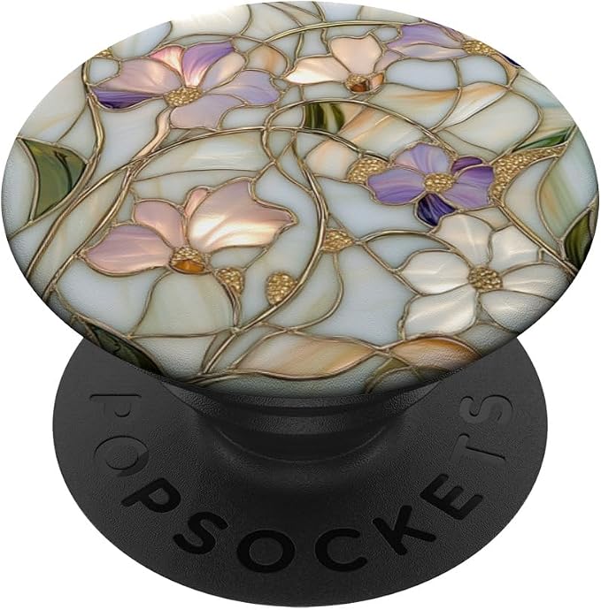 Stained Glass Floral Print with Purple Flowers PopSockets PopWallet for MagSafe