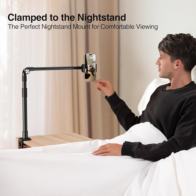 elitehood Aluminum Arm Phone Holder for Bed [360° Swivel Tilt Rotation] Adjustable Bedside Phone Holder Laying Down iPhone Stand for Bed Desk Overhead iPhone Clamp Mount Fit All 4-7’’ Cellphone