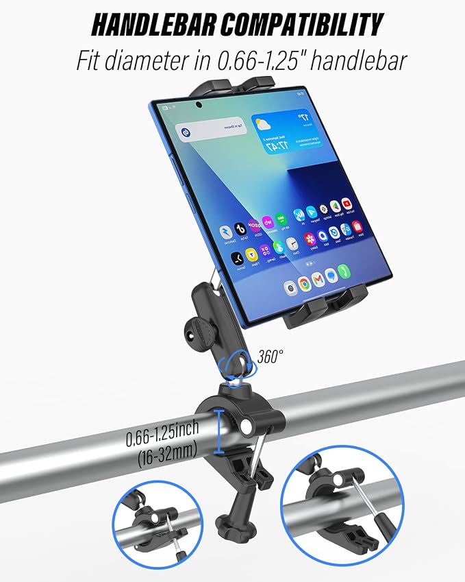 Z Fold Motorcycle Mount - [Foldable Phone Friendly] Bike Tablet Holder Bicycle Handlebar Tablet Clamp Scooter Phone Clip for Samasung Galaxy Fold 7 6 5 4 3 2 Tabs Google Pixel Pro iPad iPhone