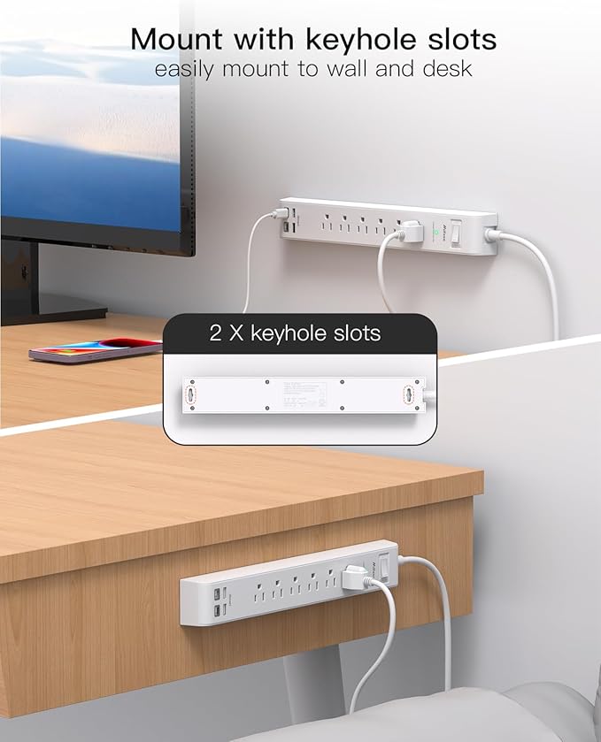 2 Pack Power Strip, 15FT Long Extension Cord, Surge Protector with 6 Outlets and 4 USB Charging Ports(2 USB C), Flat Plug Overload Protection, Wall Mount for Home Office Dorm College