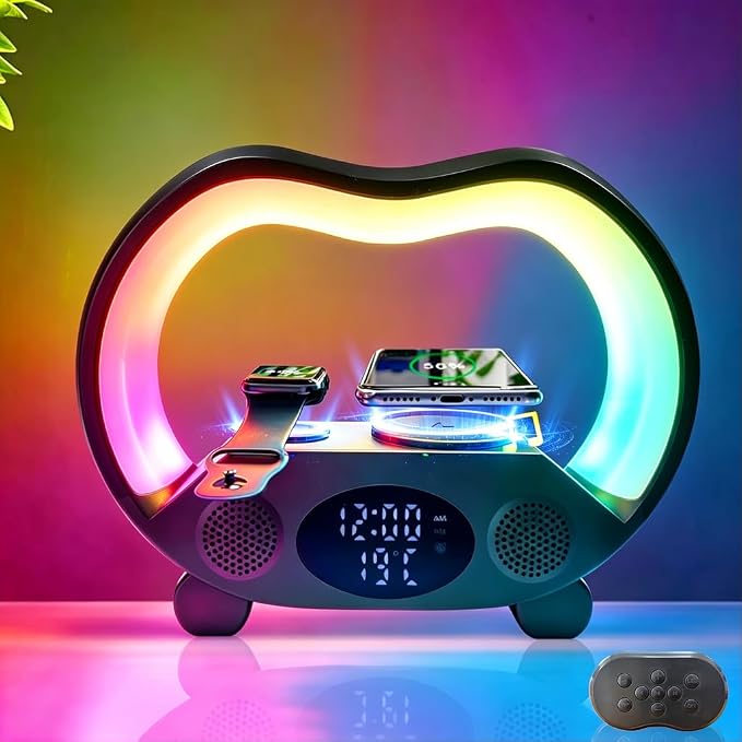 IHAO 3in1 Multifunctional Foldable Wireless Charging Station with LED Ambient Night Light Fast QC3.0 Charger for Phone iWatch Headphone Space-Saving Auto-Shutoff &amp Overcharge Protection-Black