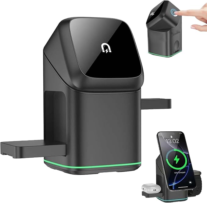 Subsistenceed 3-in-1 Wireless Charger Touch Pop Up Charging Station with Strong Magnetic &amp 180° Rotation Qi2 Certified for iPhone Android Smart Watch (Black)