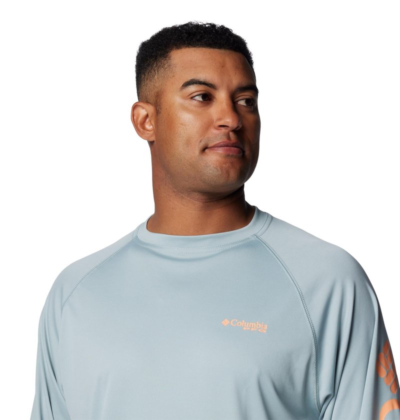 Columbia Men's PFG Terminal Tackle Long Sleeve Fishing Shirt, Crushed Blue/Bright Nectar Logo, 5X Tall