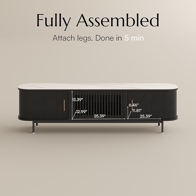 POVISON Fully-Assembled Mid Century Modern Black TV Stand with White Glossy Sintered Stone Tabletop & LED Lights, Rolling Door Media Console, Wood TV Console for Living Room