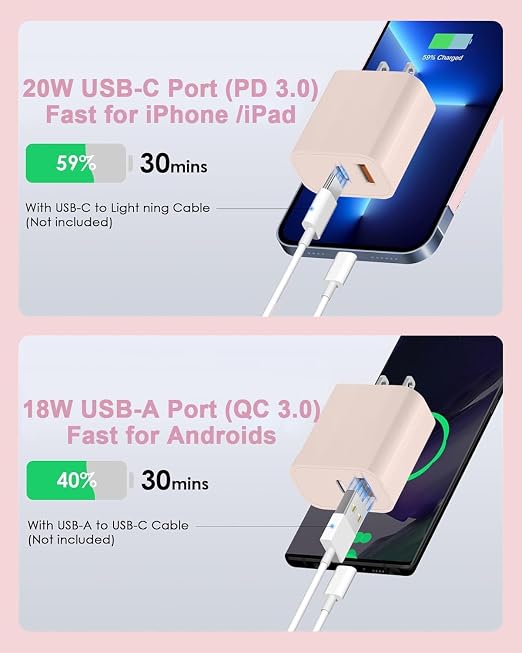 10FT iPhone 17/16e Fast Charger2Pack 20W Dual Port USB A+C QC Apple Adapter with 10 Foot USB C to C Fast Charging Cable Cord for iPhone 17Air/17Pro/17Pro Max/16/16Pro/15/15Pro/Pro Max/Plus(Blue/Pink)